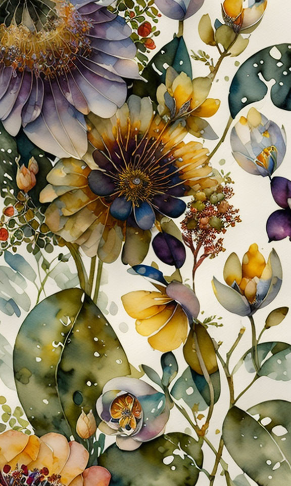 Vibrant watercolor painting of colorful flowers and leaves with water droplets