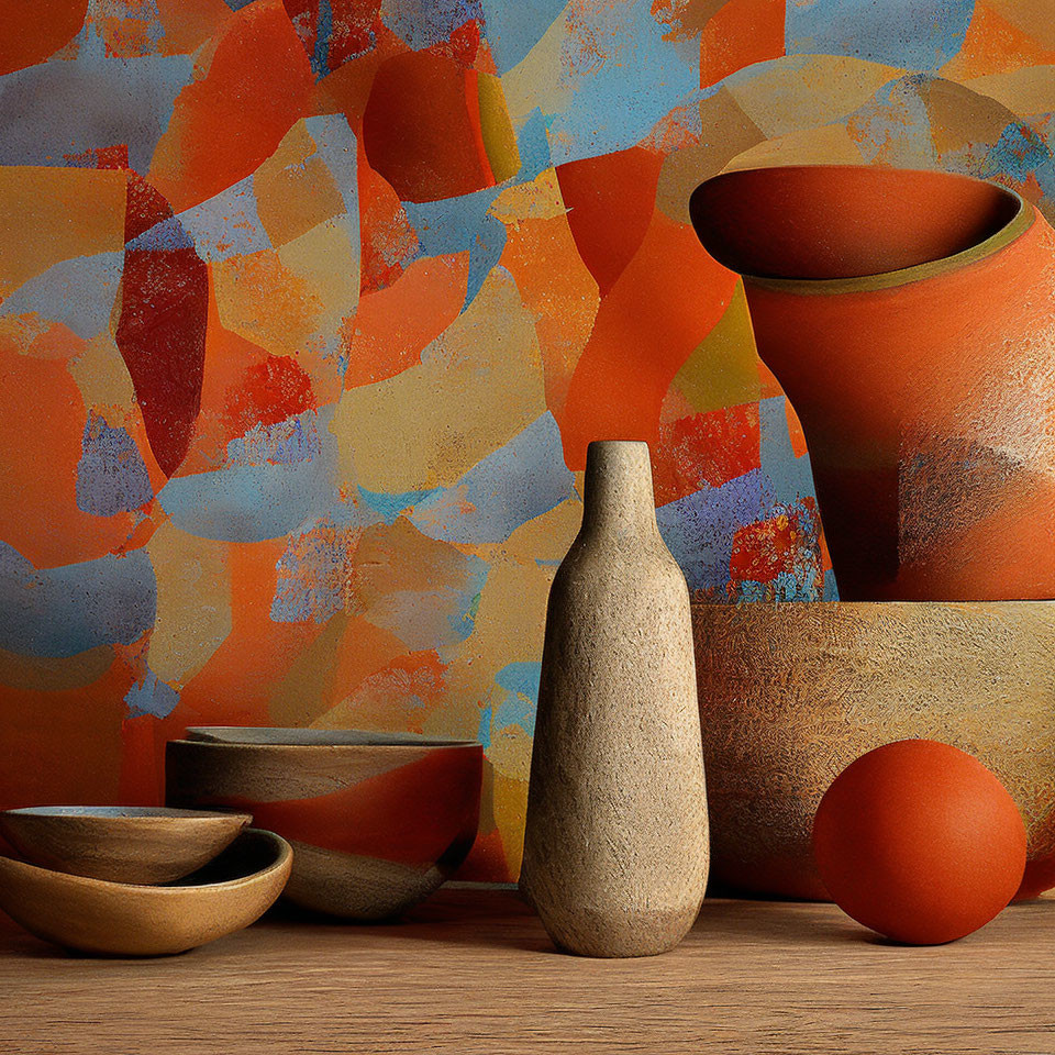 Textured ceramic vases and bowls on wooden surface with abstract backdrop
