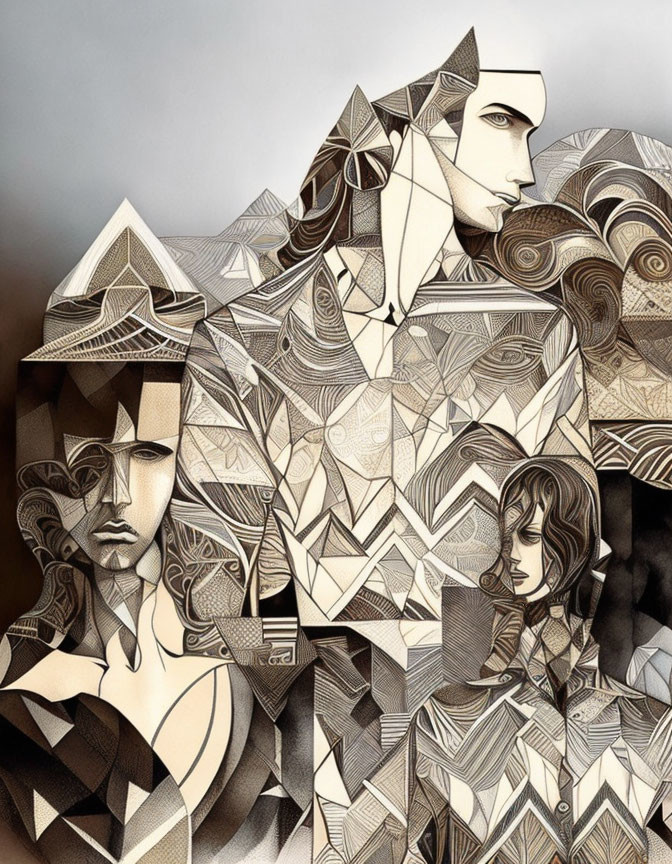 Abstract geometric human figures in earth tones with cubist influence