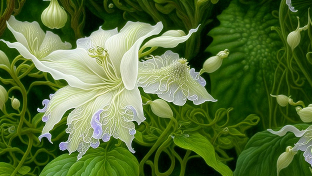 Detailed illustration of white curly-petaled flower with intricate stamen on green backdrop.