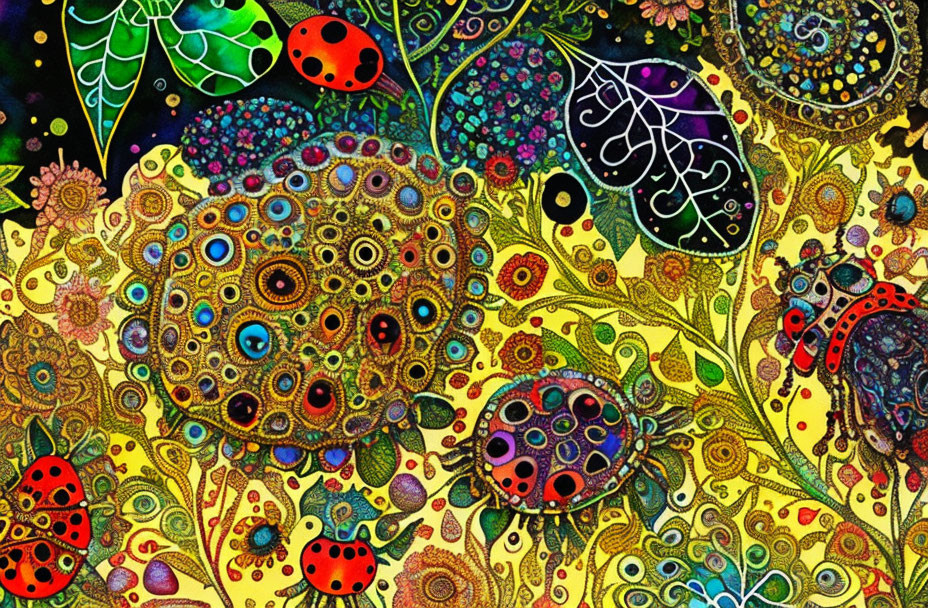 Colorful whimsical garden with intricate flowers and ladybugs on starry backdrop