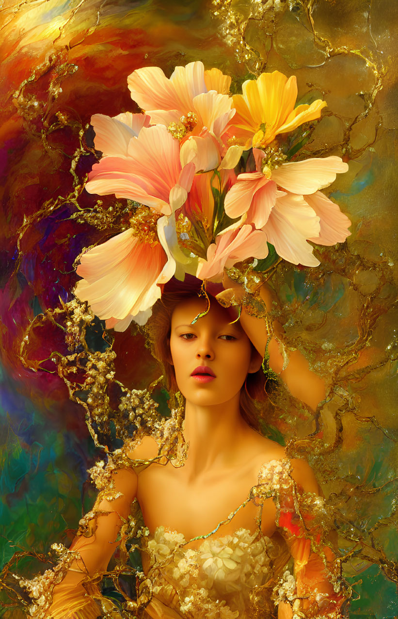 Woman with Blossoming Flower Headpiece in Abstract Floral Setting