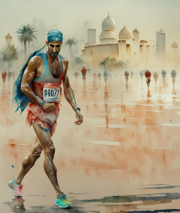 Runner with number 1407 in headband and sunglasses races in misty cityscape.