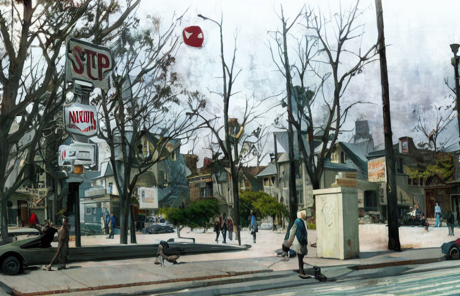 Street scene with people, stop sign, vintage car, trees, and museum sign.