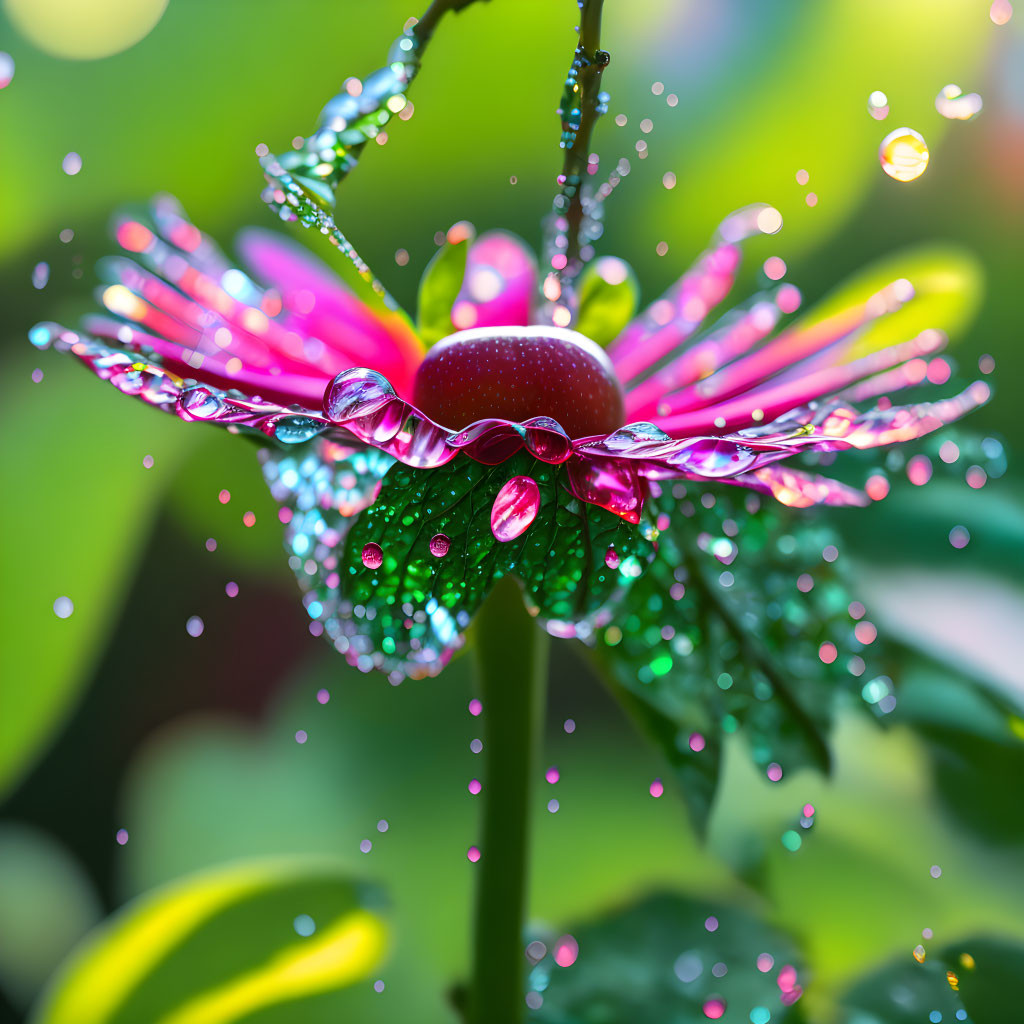 Vibrant red flower with water droplets in sunlight.