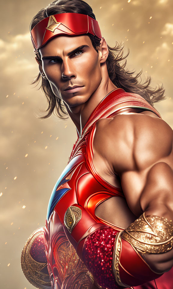 Muscular superhero in red and gold costume on sparkly golden background