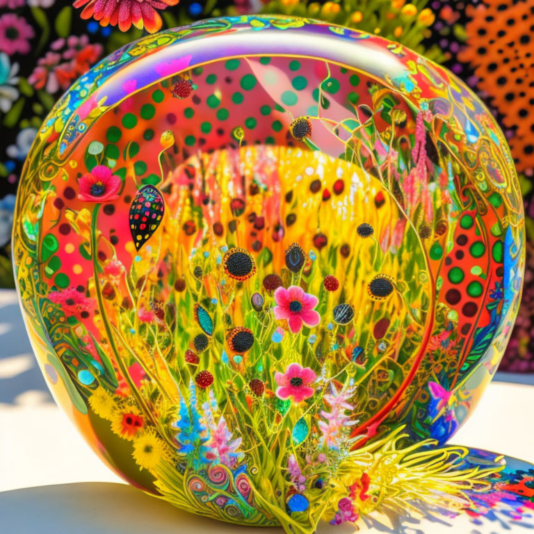 Colorful Floral and Polka Dot Glass Bowl Design on Bright Background