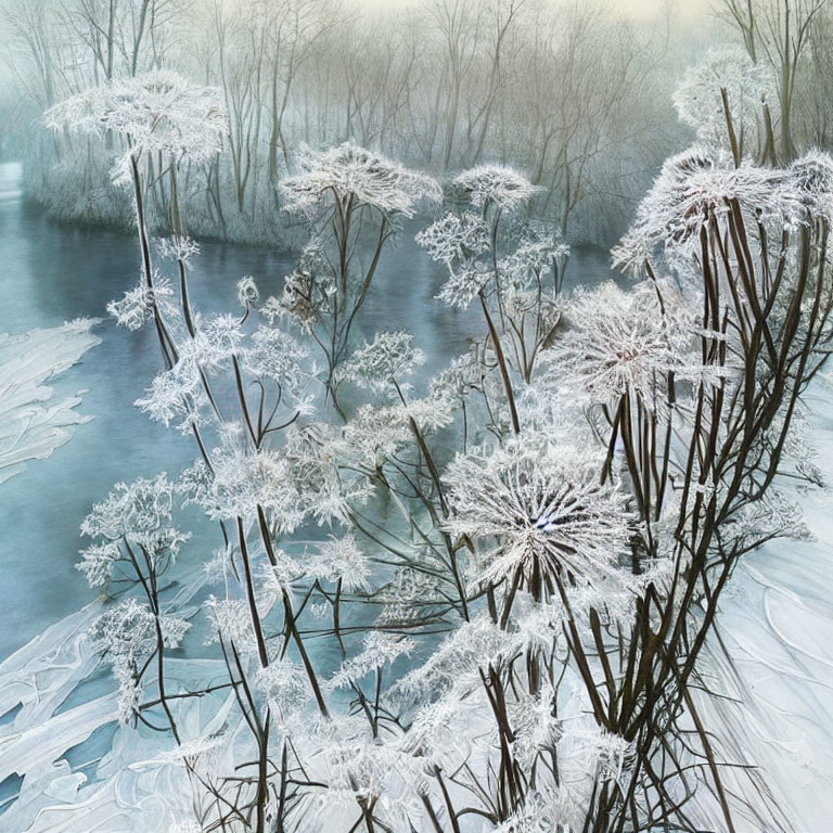 Frozen River Winter Landscape with Frosted Plants and Icy Patterns