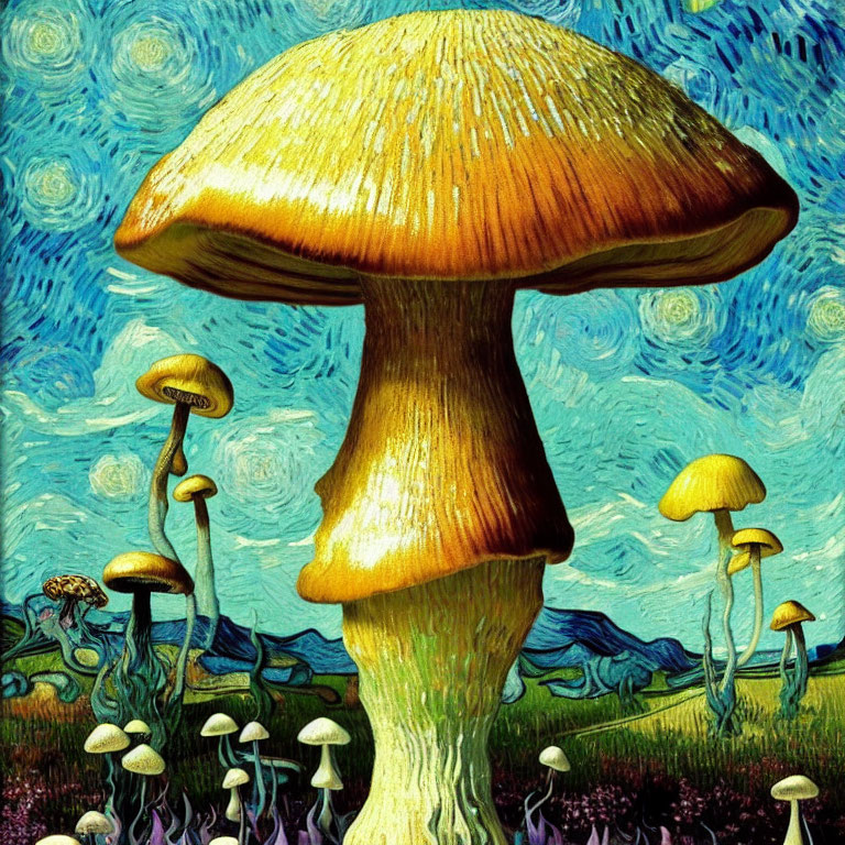 Vibrant Mushroom Painting with Starry Night Sky
