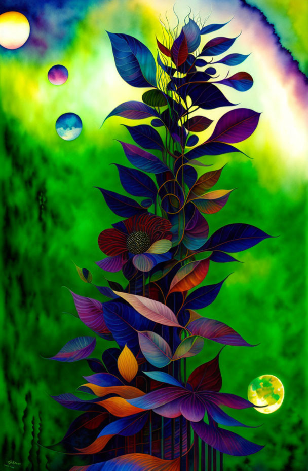 Colorful Stylized Plant Artwork on Gradient Background with Bubbles