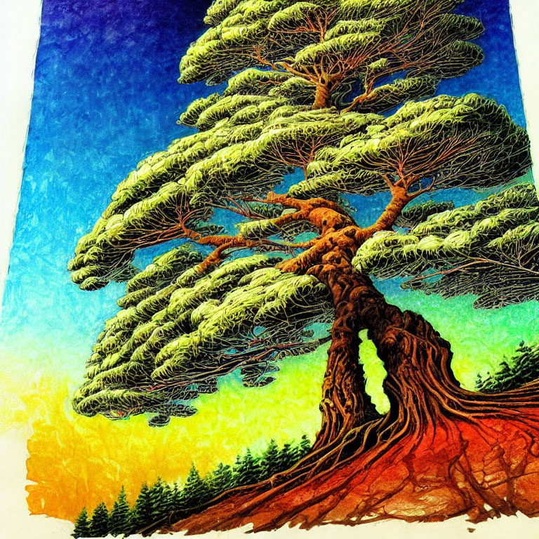 Colorful Stylized Tree Artwork Against Multicolored Sky Gradient