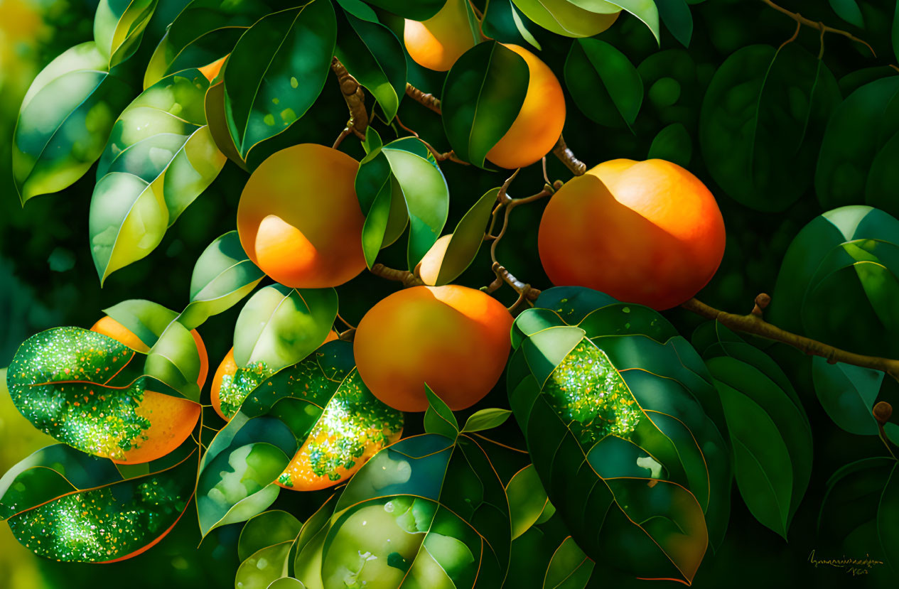 Ripe oranges on tree with sunlight filtering through leaves