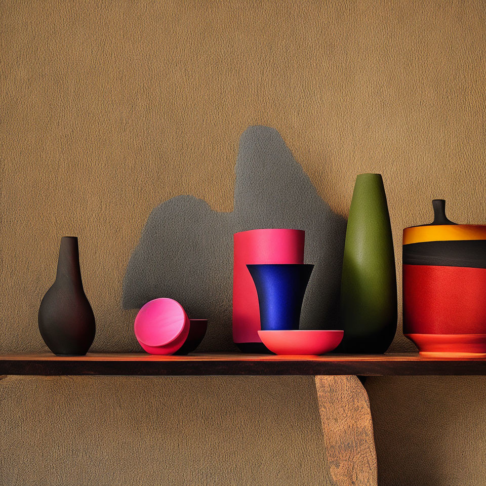 Colorful minimalist vases, sphere, and shadows on shelf against textured brown wall