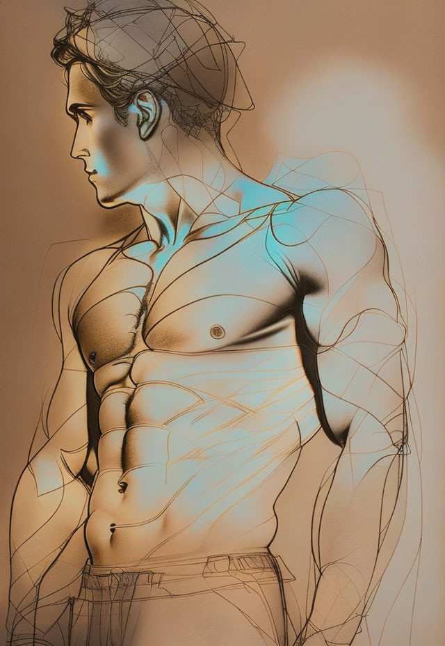 Muscular Male Figure Illustration with Sketched Anatomy Lines