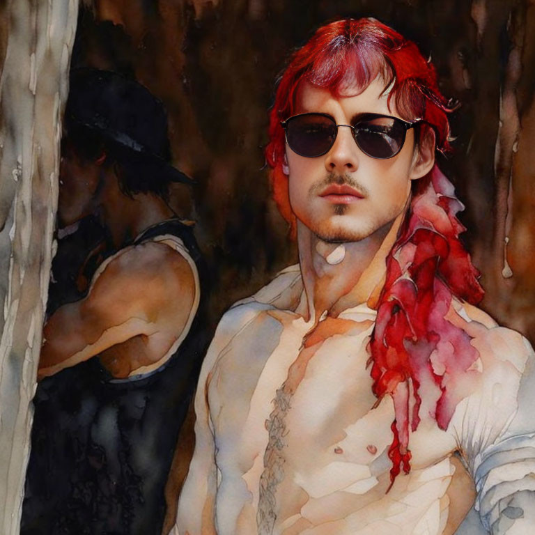 Red-Haired Man in Sunglasses with Watercolor Effect and Shadowy Figure