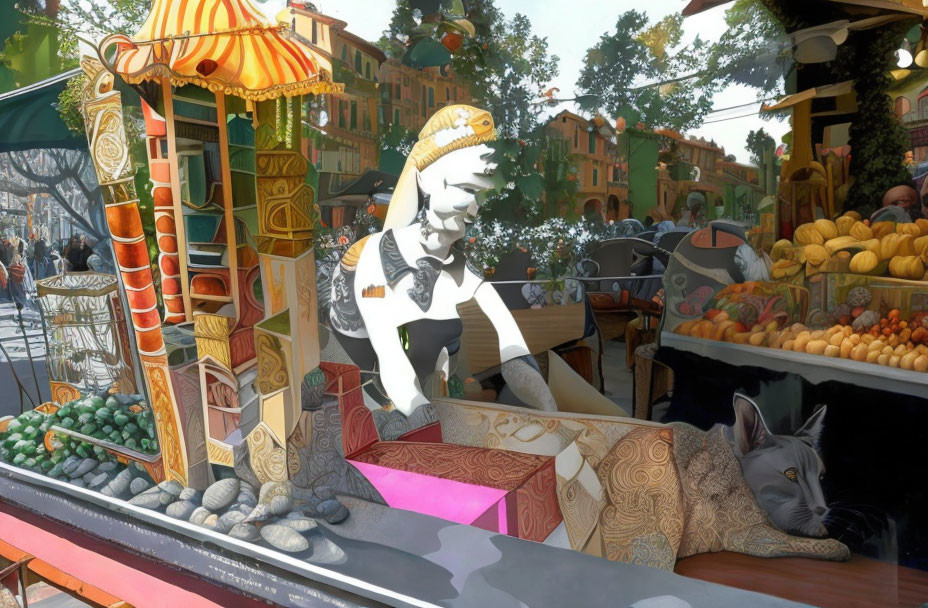 Surrealistic market scene with humanoid figure and cat lounging