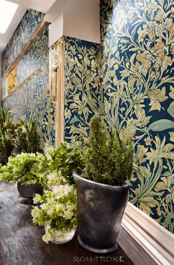 Vivid Blue and Gold Floral Wallpaper Hallway with Mirror and Potted Plants