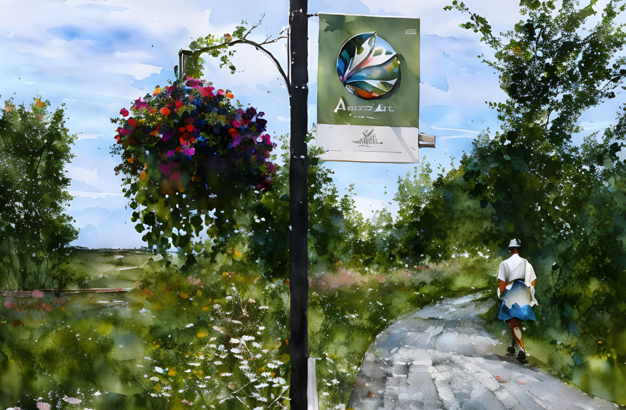 Person walking past vibrant flower basket on lamppost with artistic banner, lush path, blue sky.