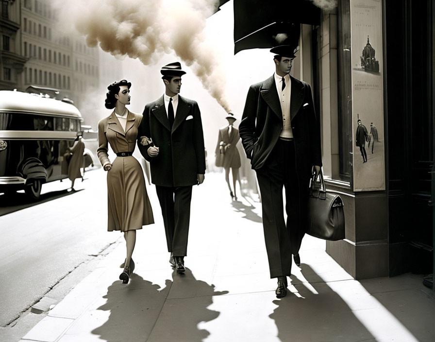 Vintage Black and White Photo of Well-Dressed Trio on City Sidewalk