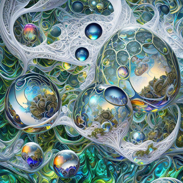 Colorful Fractal Artwork with Shimmering Orbs and Intricate Patterns