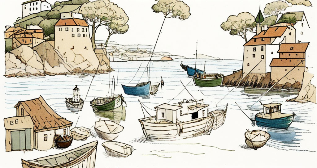 Detailed Illustration of Seaside Village with Boats and Traditional Houses