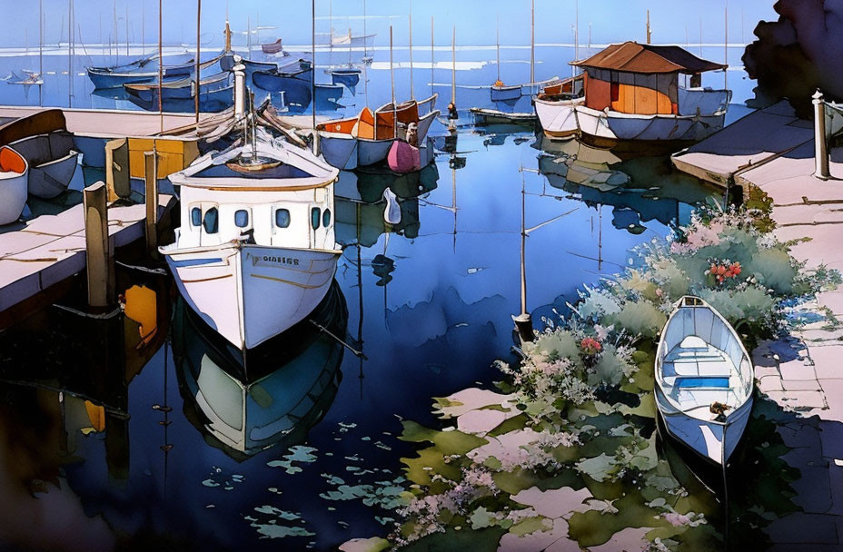 Tranquil harbor scene with moored boats, blue water, and vibrant flowers