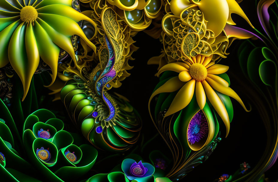 Colorful digital artwork: Fantastical flower-like forms in green, yellow, and blue