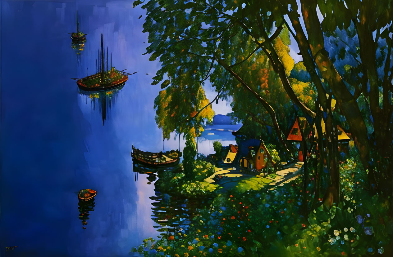 Riverside landscape painting at dusk with boats, whimsical houses, and rich blue palette