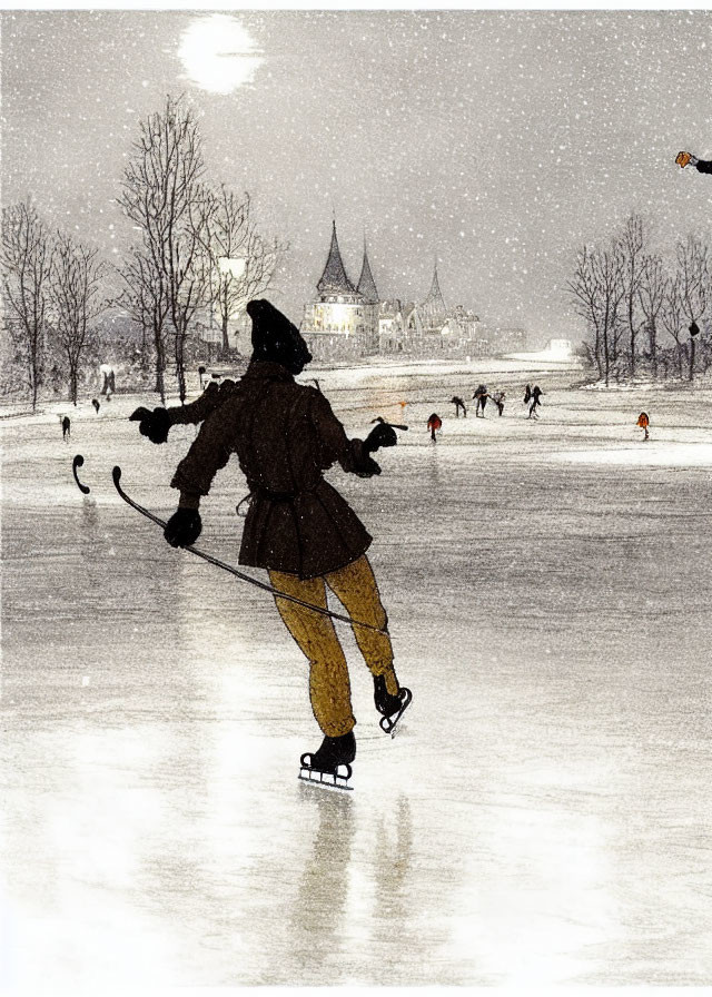 Ice skater with hockey sticks on snowy outdoor rink
