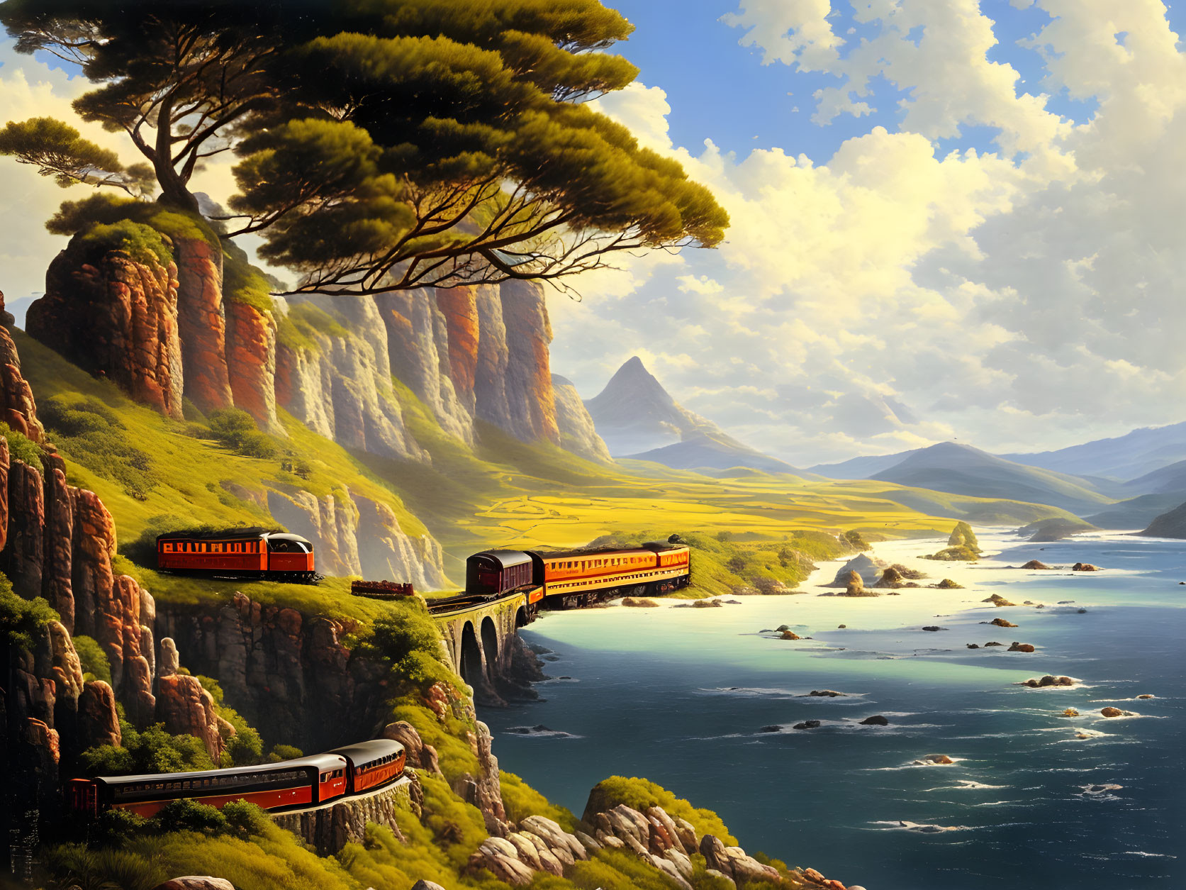 Vintage train crossing coastal bridge amid lush cliffs, ocean, and mountains.