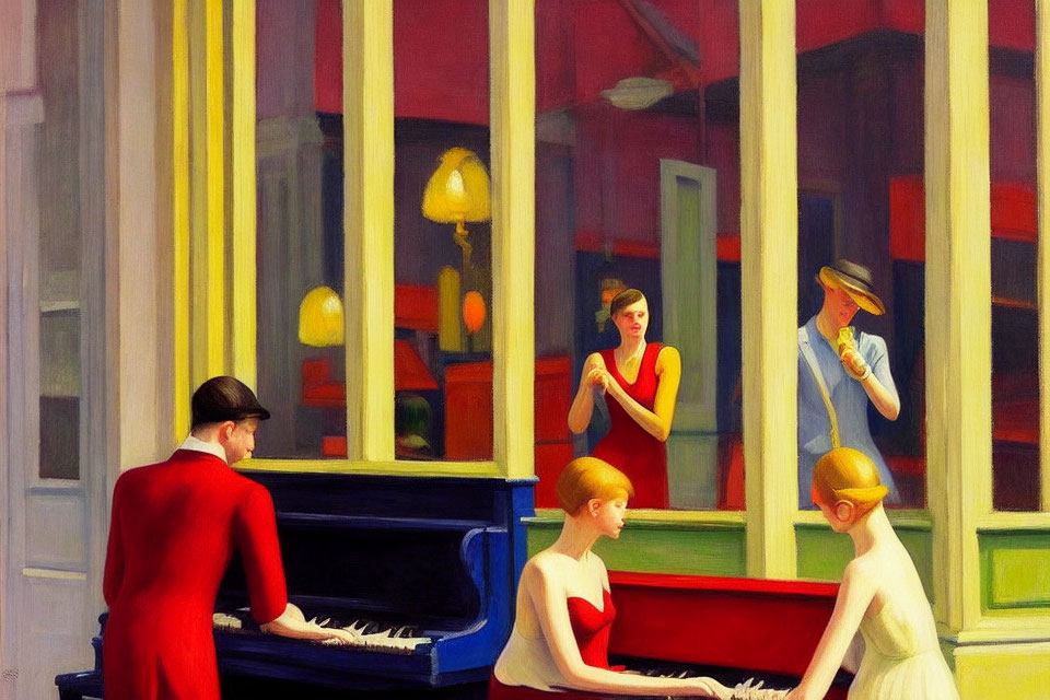 Colorful painting featuring pianist, lady at piano, figures by window, and man with lady outdoors