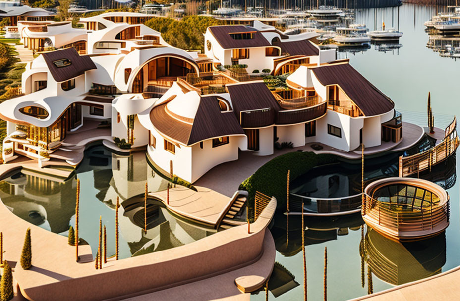 Unique wavy design luxury waterfront residences with terraces and private marina.