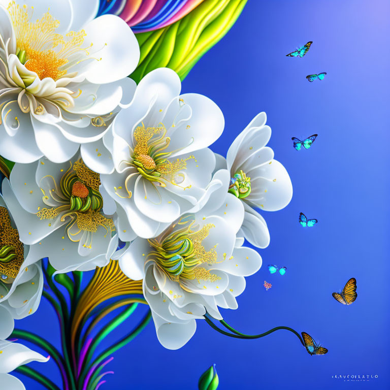 Detailed White Flowers with Golden Centers on Blue Background & Butterflies