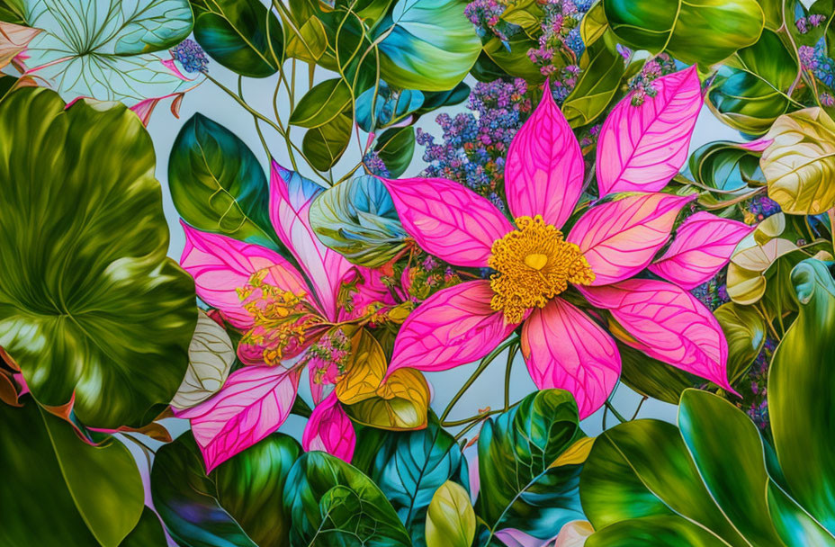 Colorful digital art of overlapping flowers and leaves with a central pink lotus on blue.