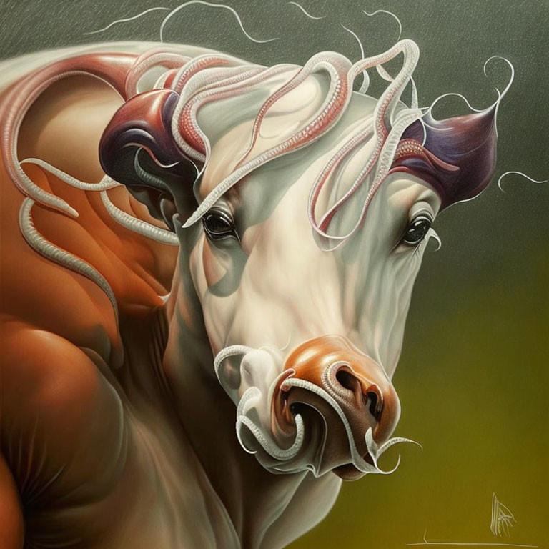 Surreal Bull Illustration with Flowing Shapes on Muted Background