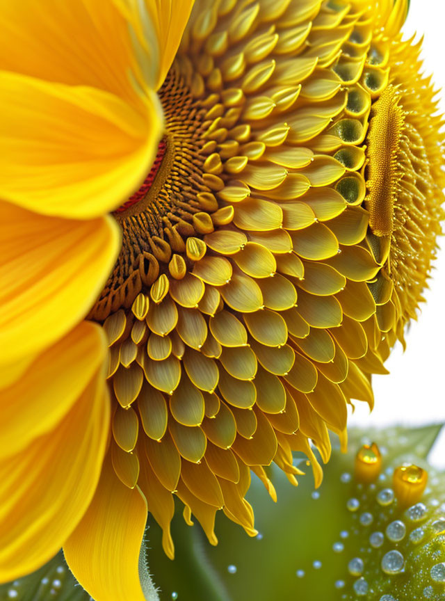 Detailed view of vibrant sunflower with water droplets, showcasing intricate yellow florets.