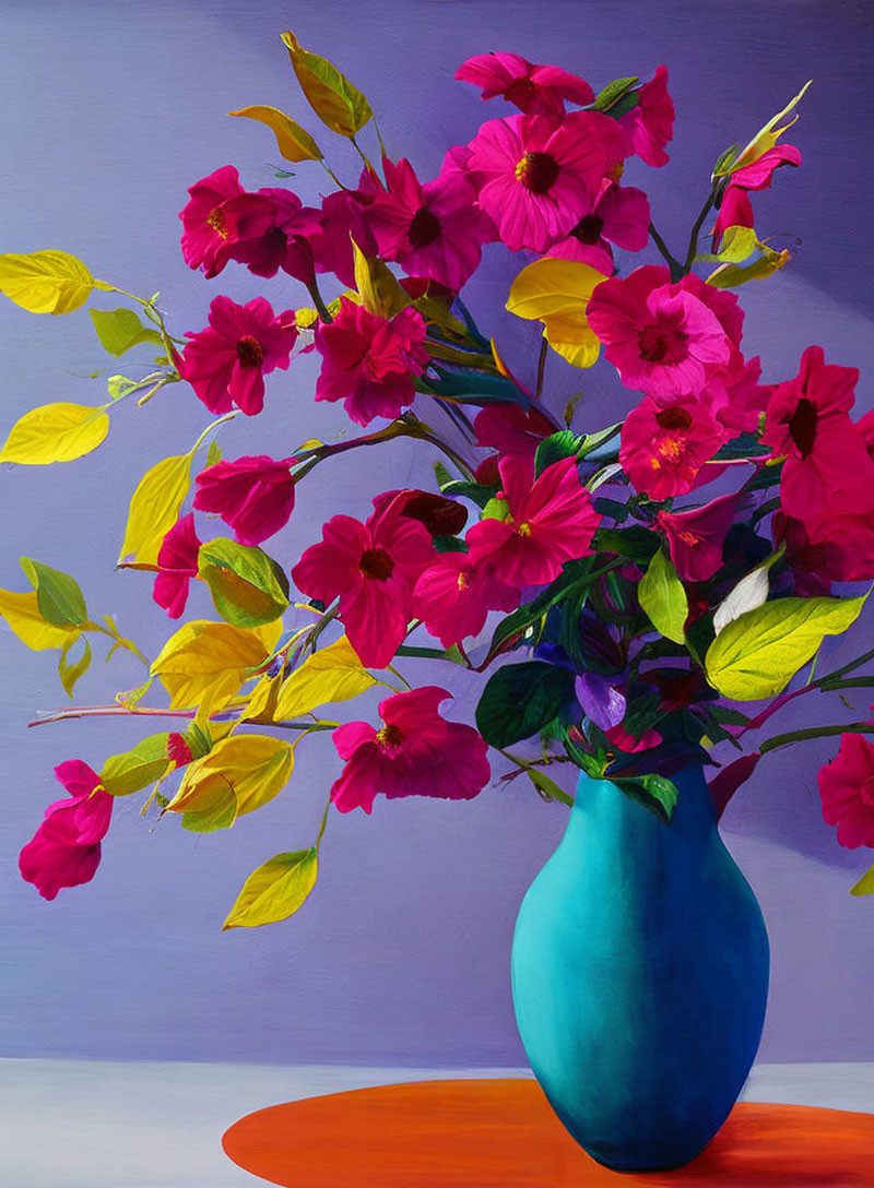 Colorful still-life painting: pink flowers, yellow accents, blue vase, purple background