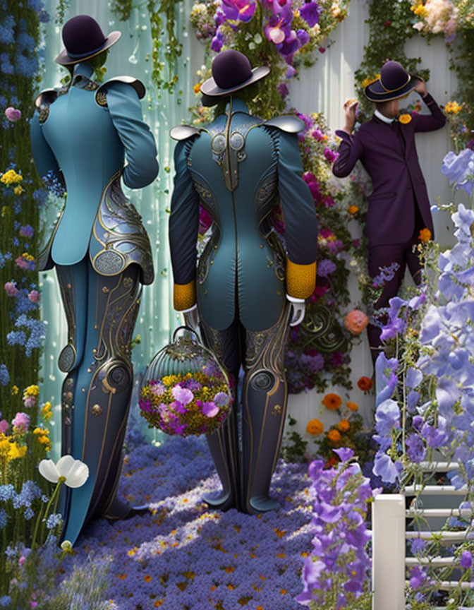 Victorian-style trio admiring vibrant floral wall