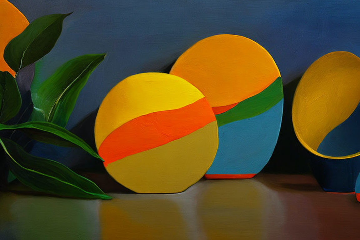 Colorful Abstract Spheres and Plant in Still Life Painting