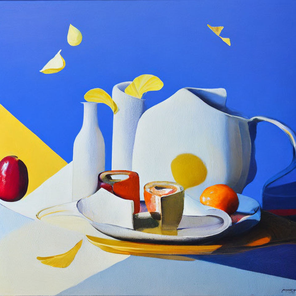 Vibrant still life painting with white pitcher, fruit, and petals