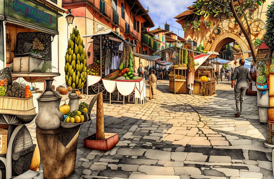 Colorful Street Market with Fruits, Vegetables, and Pottery in Quaint Village