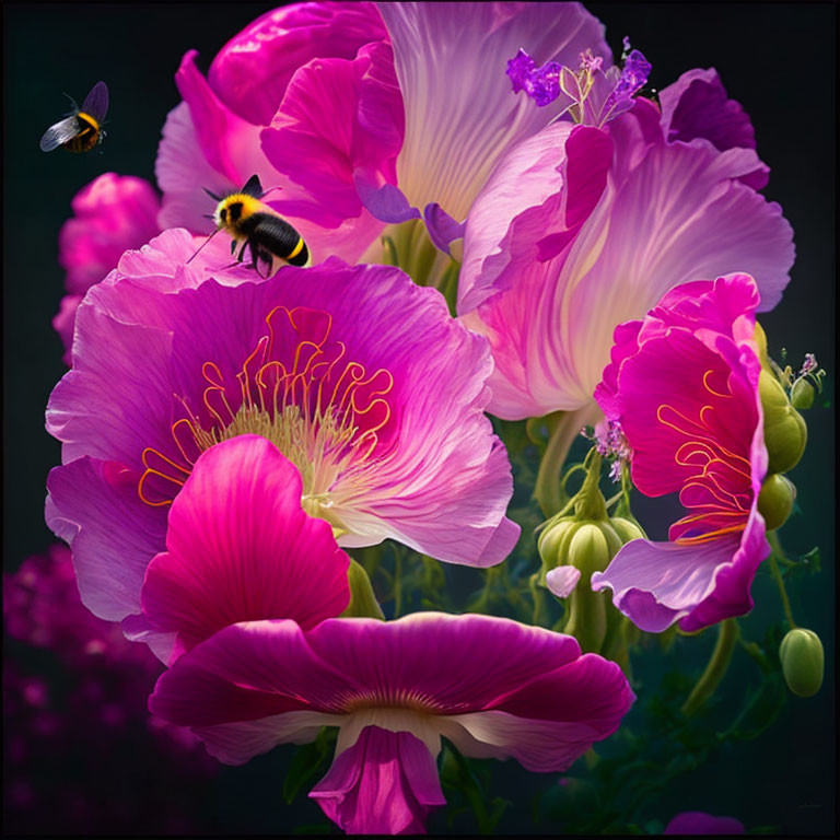 Bright Pink Flowers with Prominent Stamens and Bees on Dark Background