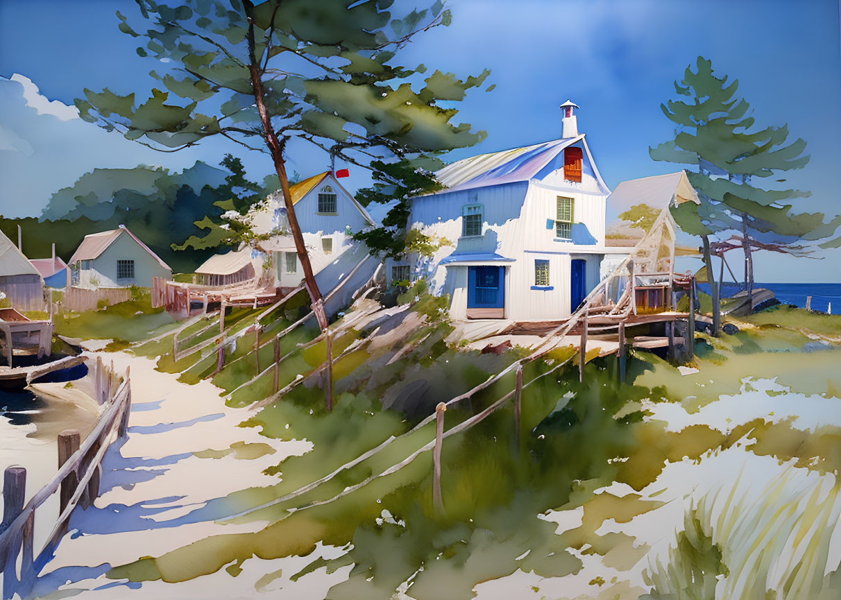 Coastal illustration: White house with red roof by serene beach