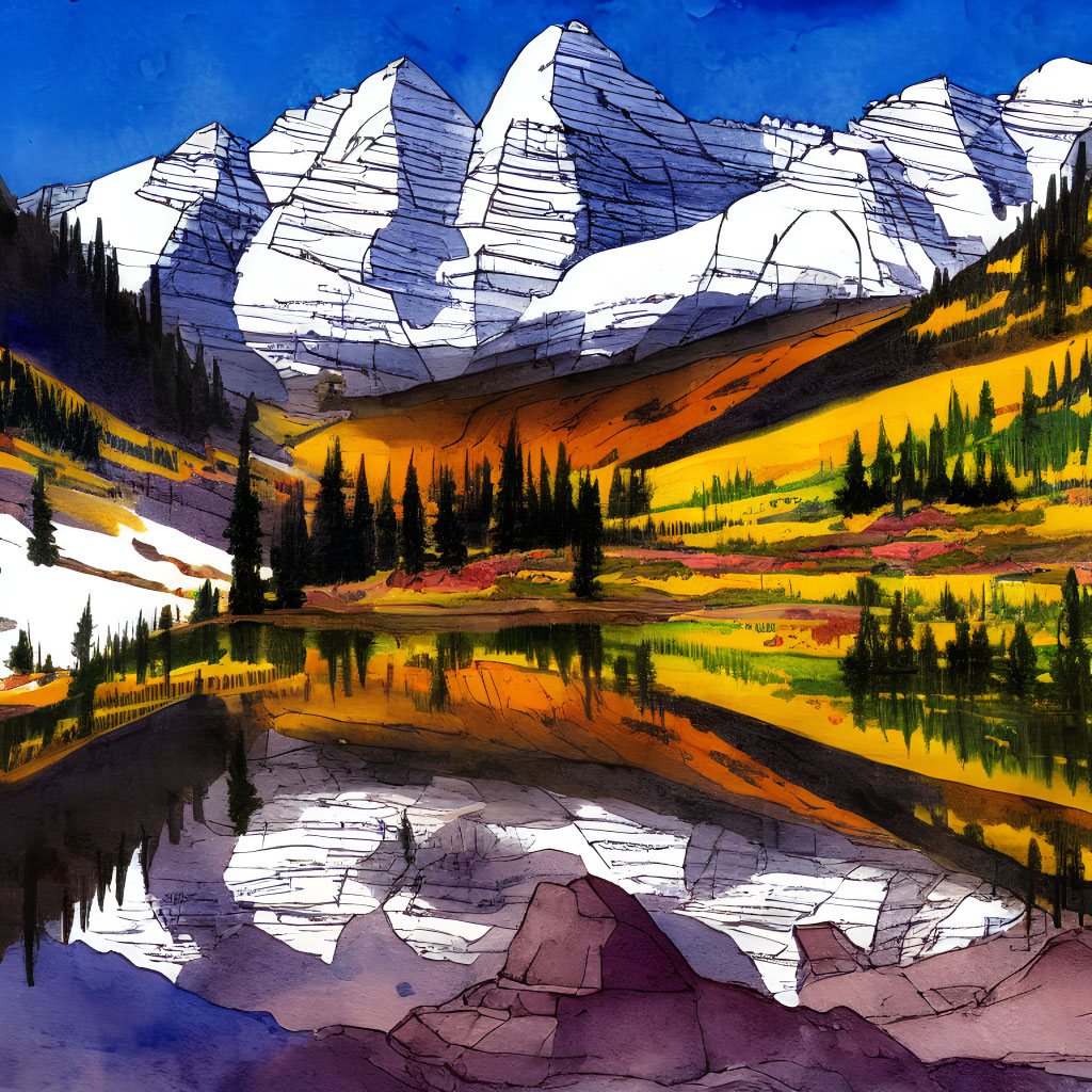 Colorful Watercolor Mountain Landscape with Fall Foliage & Lake Reflection