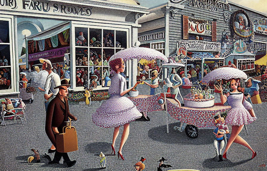 Colorful Vintage Street Scene Illustration with Retro Attire and Unique Shops