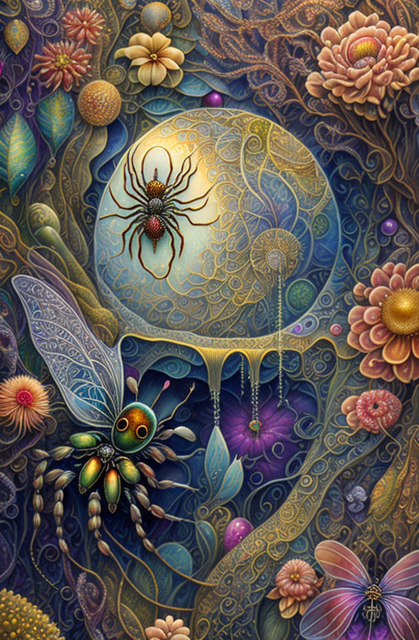 Colorful Flora Surrounds Spider Descending from Moon-like Orb