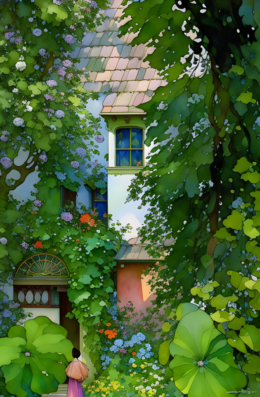 Colorful garden scene with person and charming house