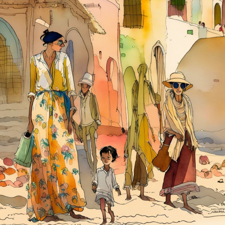 Colorful Village Scene with Stylishly Dressed Characters