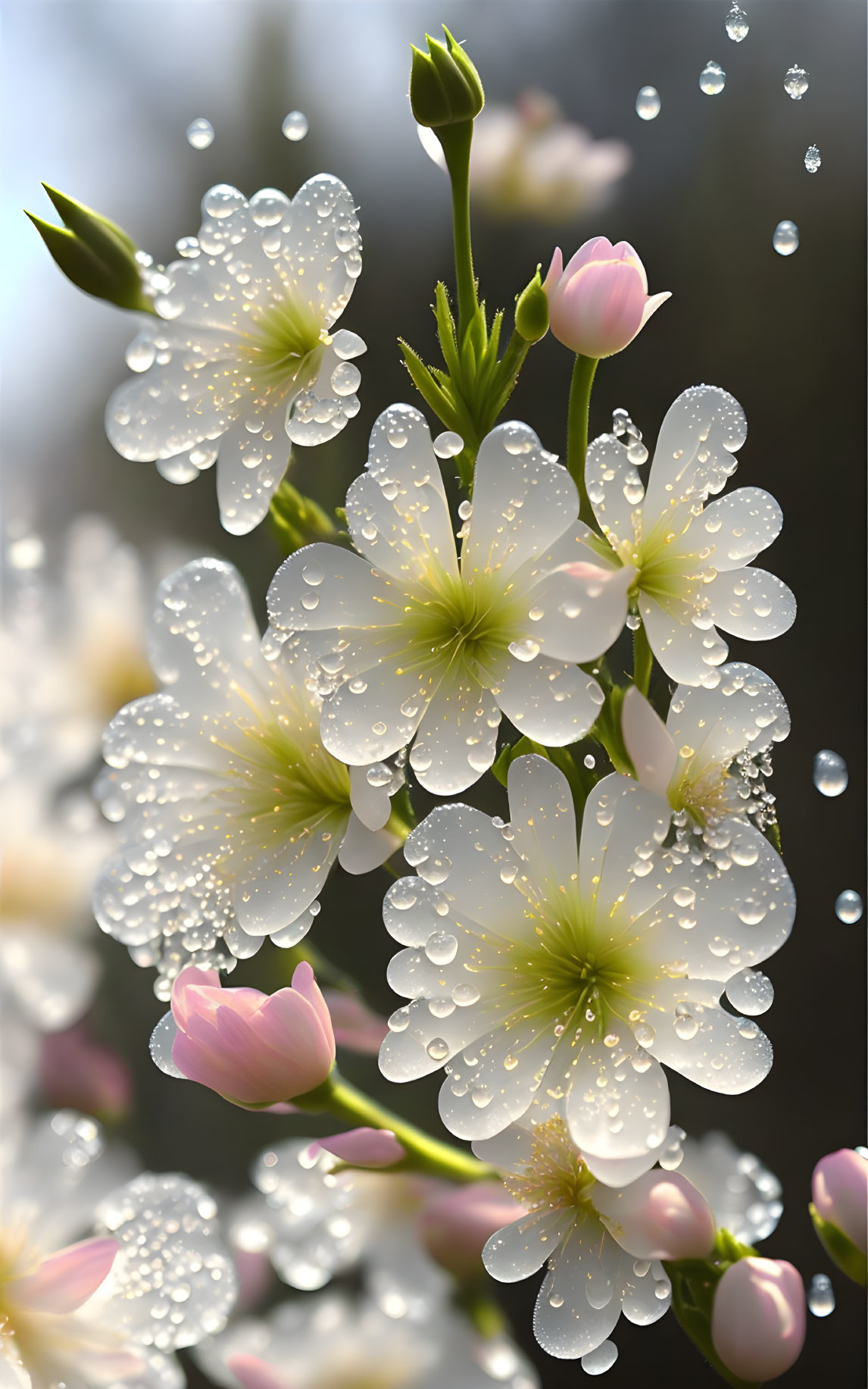 Fresh white blossoms with dewdrops in sunlight against blurred background