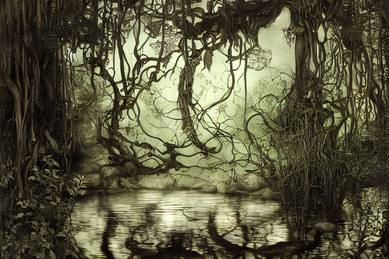 Monochrome illustration of eerie tangled forest with twisted trees and overhanging vines.